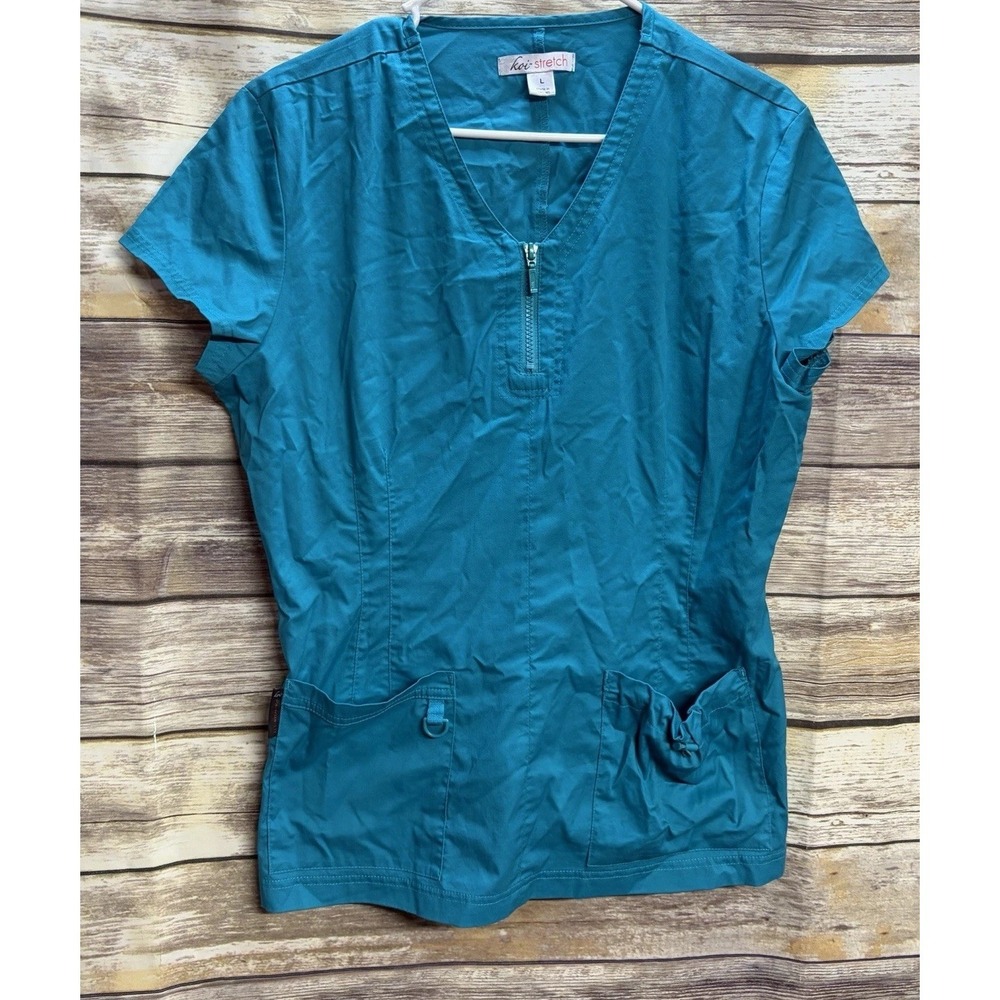 KOI Stretch Mackenzie Women's Large 2-Pocket Aqua Zipper Scrub Top Nice Medical